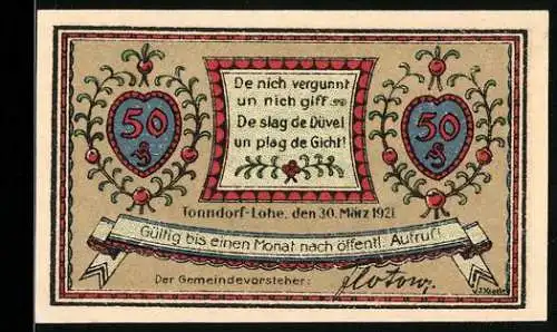 Notgeld Tonndorf-Lohe 1921, 50 Pfennig, Gedicht und Landschaft mit Gebäude