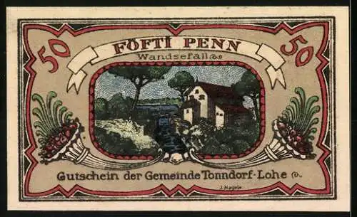 Notgeld Tonndorf-Lohe 1921, 50 Pfennig, Gedicht und Landschaft mit Gebäude