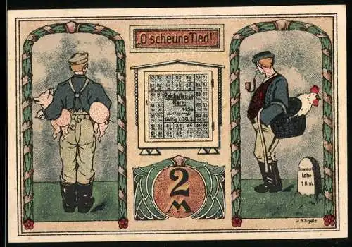 Notgeld Tonndorf-Lohe 1921, 2 Mark, Bauern mit Schwein und Huhn, humoristischer Text, Hühner und Eier