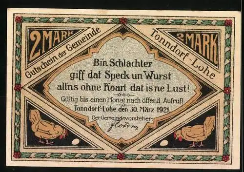 Notgeld Tonndorf-Lohe 1921, 2 Mark, Bauern mit Schwein und Huhn, humoristischer Text, Hühner und Eier