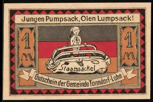 Notgeld Tonndorf-Lohe 1921, 1 Mark, Geldsack mit Kind und Eulen, plattdeutscher Text