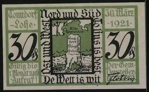 Notgeld Tonndorf-Lohe 1921, 30 Pfennig, alter Grenzstein mit Inschrift und Zitat, grün-schwarzes Design