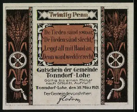 Notgeld Tonndorf-Lohe 1921, 20 Pfennig, Bauer sät auf Feld, Gedicht und landwirtschaftliche Symbole