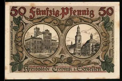 Notgeld Trebnitz / Schlesien 1918, 50 Pfennig, Stadtansichten mit Wappen und Eichenlaub, Seriennummer 48525