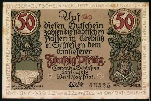 Notgeld Trebnitz / Schlesien 1918, 50 Pfennig, Stadtansichten mit Wappen und Eichenlaub, Seriennummer 48525