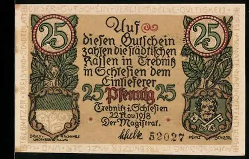 Notgeld Trebnitz 1918, 25 Pfennig, Stadtansichten und Wappen, Seriennummer 52027