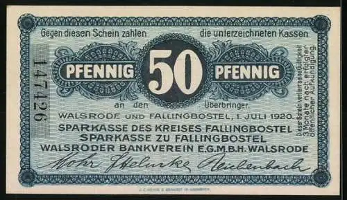 Notgeld Walsrode 1920, 50 Pfennig, Fachwerkhaus mit Schafherde, Seriennummer 147426