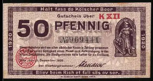 Notgeld Köln 1920, 50 Pfennig, Statue eines Ritters und historische Gebäudeansicht