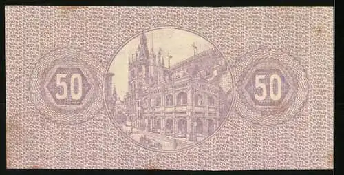 Notgeld Köln 1920, 50 Pfennig, Statue eines Ritters und historische Gebäudeansicht