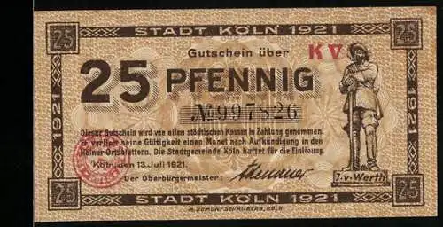 Notgeld Köln 1921, 25 Pfennig, Jan und Griet Motiv, Seriennummer, Wappen