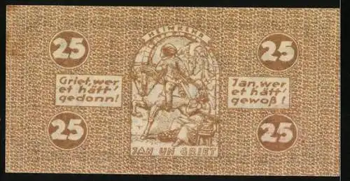 Notgeld Köln 1921, 25 Pfennig, Jan und Griet Motiv, Seriennummer, Wappen