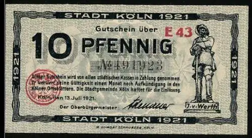 Notgeld Köln 1921, 10 Pfennig, Jan un Griet Illustration, Seriennummer E43, Köln Stadtwappen