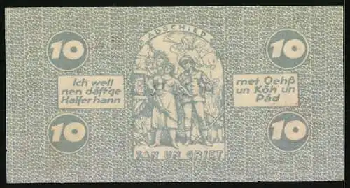 Notgeld Köln 1921, 10 Pfennig, Jan un Griet Illustration, Seriennummer E43, Köln Stadtwappen