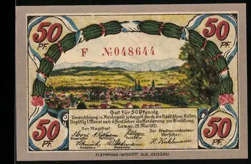 Notgeld Lemgo 1921, 50 Pfennig, Landschaft und Soldat mit Stadtwappen, Seriennummer F.048644