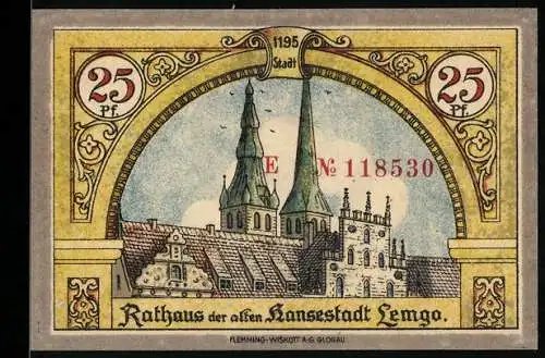 Notgeld Lemgo 1921, 25 Pf, Rathaus der alten Hansestadt, Seriennummer 118530, Stadtwappen