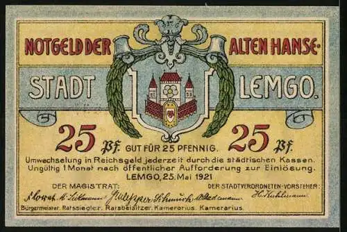 Notgeld Lemgo 1921, 25 Pf, Rathaus der alten Hansestadt, Seriennummer 118530, Stadtwappen