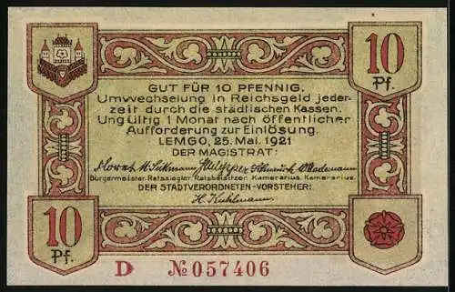 Notgeld Lemgo 1921, 10 Pfennig, Schmiede mit Hammer und Rad, Seriennummer 057406, Wappen und Verzierung