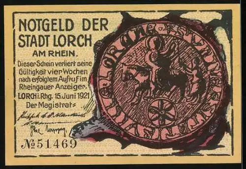 Notgeld Lorch 1921, 25 Pfennig, Riese zerrt am Horizont, Siegel mit Reiter, Nr. 51469