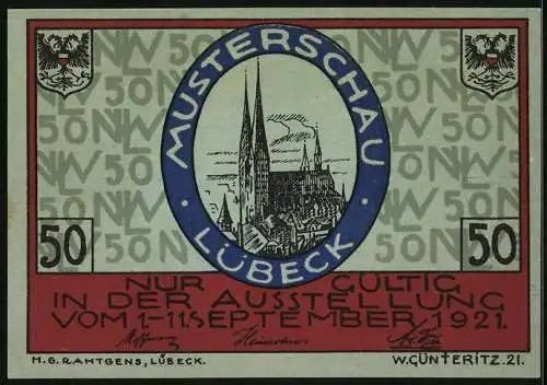 Notgeld Lübeck 1921, 50 Pfennig, Löwenwappen und Stadtansicht, Musterschau, Nordische Woche, Wappen Finnland