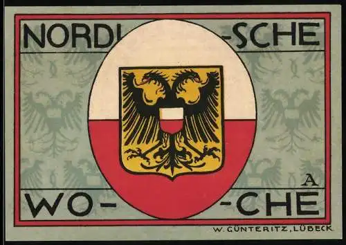 Notgeld Lübeck 1921, 50 Pfennig, Stadtwappen mit Lüsche's Adler, Stadtkathedrale