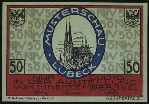 Notgeld Lübeck 1921, 50 Pfennig, Stadtwappen mit Lüsche's Adler, Stadtkathedrale