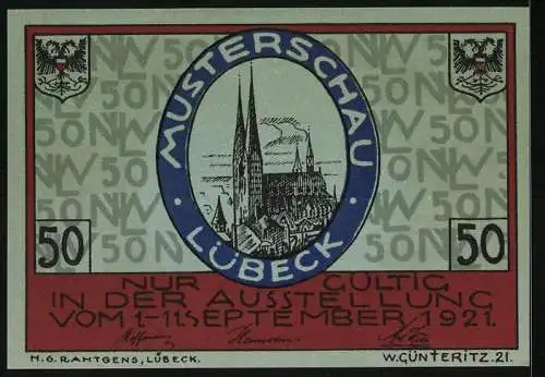 Notgeld Lübeck 1921, 50 Pfennig, Stadtansicht und schwedisches Wappen mit Kronen, Serienbuchstabe B