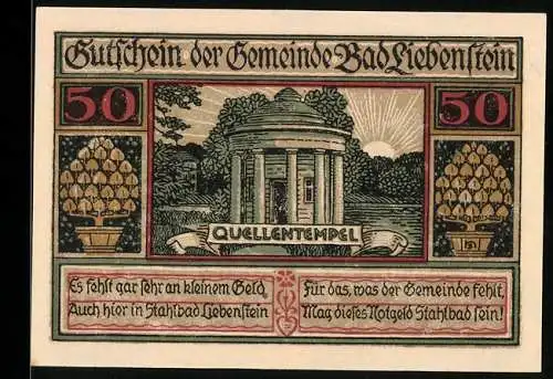 Notgeld Bad Liebenstein, 50 Pfennig, Quellentempel und Ortsansicht, Seriennummer 08470