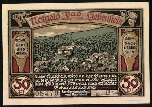 Notgeld Bad Liebenstein, 50 Pfennig, Quellentempel und Ortsansicht, Seriennummer 08470