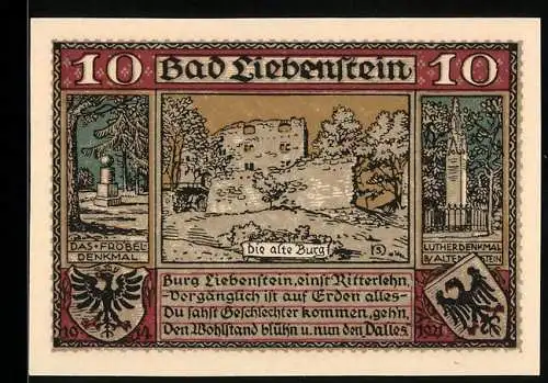 Notgeld Bad Liebenstein 1921, 10 Pfennig, alte Burg, Fröbel- und Lutherdenkmal, Stadtansicht, Stadtwappen