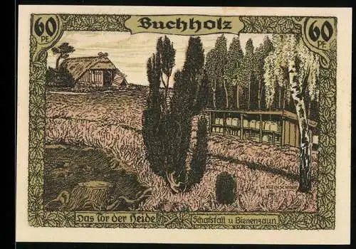 Notgeld Soltau 1914, 60 Pfennig, Heidehof mit Bienenzaun in Buchholz und Karte der Lüneburger Heide mit Schäfer