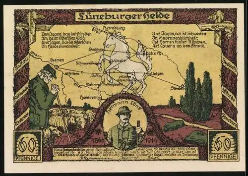 Notgeld Soltau 1914, 60 Pfennig, Heidehof mit Bienenzaun in Buchholz und Karte der Lüneburger Heide mit Schäfer