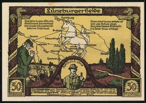 Notgeld Soltau, 50 Pfennig, Landschaft der Lüneburger Heide bei Wilsede und Karte mit Schäfer und Pferd