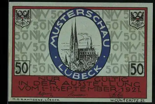 Notgeld Lübeck 1921, 50, Stadtsilhouette und Wappen Norwegen, Musterschau und Ausstellungshinweis