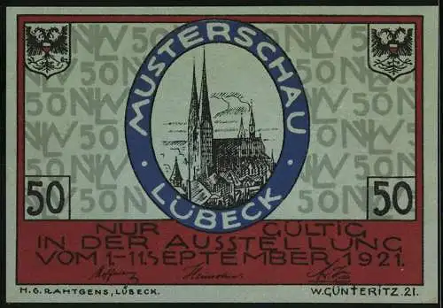 Notgeld Lübeck 1921, 50 Pfennig, Stadtansicht mit Wappen Dänemark und Kirche, Nordische Woche Schriftzug