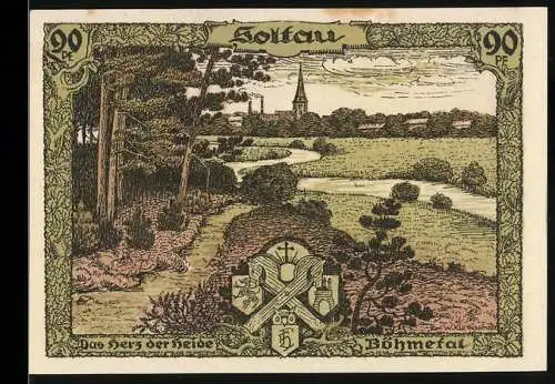 Notgeld Soltau, 90 Pfennig, Landschaft vor Soltau und Karte der Lüneburger Heide mit Schäfer und Gedicht