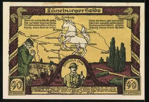 Notgeld Soltau, 90 Pfennig, Landschaft vor Soltau und Karte der Lüneburger Heide mit Schäfer und Gedicht