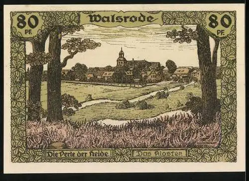 Notgeld Soltau, 80 Pfennig, Ortsrand Walsrode, Lüneburger Heide Karte und Klosteransicht mit Landschaftsmotiv