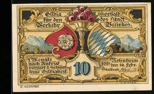 Notgeld Rosenheim 1921, 10 Pfennig, Rosenbündel und Stadtansicht mit Türmen, Wappen