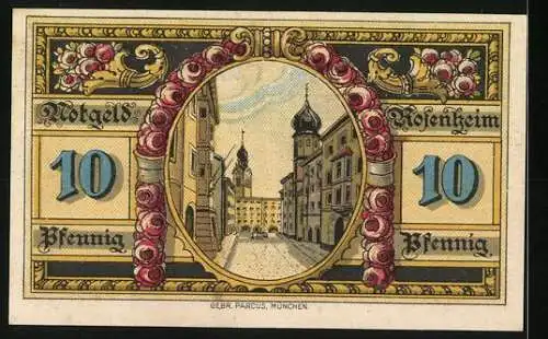 Notgeld Rosenheim 1921, 10 Pfennig, Rosenbündel und Stadtansicht mit Türmen, Wappen