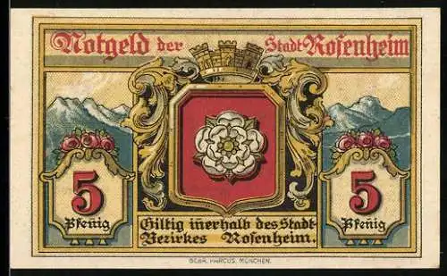 Notgeld Rosenheim 1921, 5 Pfennig, Stadtwappen und Arkadengang mit Blumenornamenten