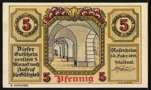 Notgeld Rosenheim 1921, 5 Pfennig, Stadtwappen und Arkadengang mit Blumenornamenten