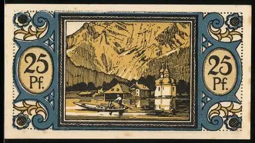 Notgeld Königssee 1921, 25 Pfennig, Berglandschaft mit Boot und Kirche, Bayerisches Wappen und Edelweiss