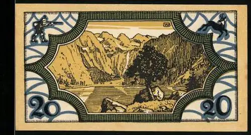 Notgeld Königssee 1921, 20 Pfennig, Berglandschaft mit Jäger & Gams