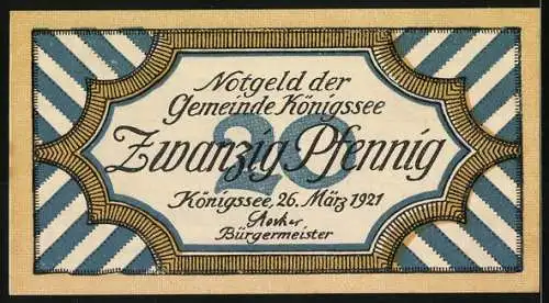 Notgeld Königssee 1921, 20 Pfennig, Berglandschaft mit Jäger & Gams