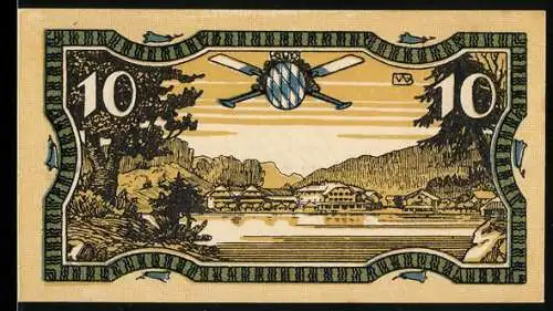 Notgeld Königssee 1921, 10 Pfennig, Landschaft mit Wappen und Bayerischem Rautenmotiv