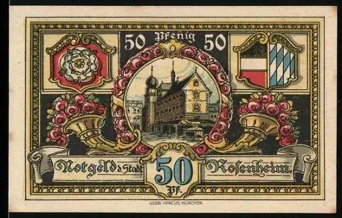 Notgeld Rosenheim 1921, 50 Pfennig, Stadtwappen und Ansicht von Rosenheim mit Gebirgslandschaft