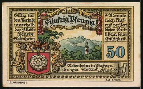 Notgeld Rosenheim 1921, 50 Pfennig, Stadtwappen und Ansicht von Rosenheim mit Gebirgslandschaft