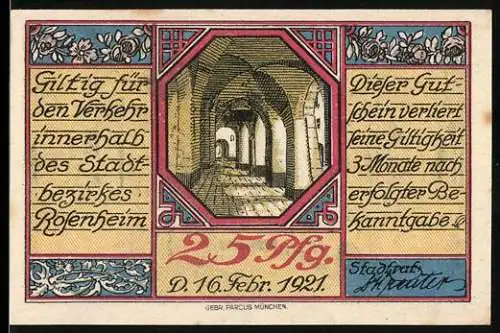 Notgeld Rosenheim 1921, 25 Pfennig, Arkadengang und Stadtansicht mit Türmen und Putten