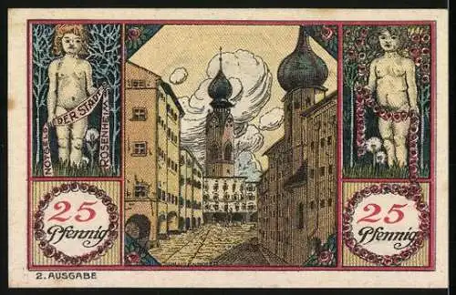 Notgeld Rosenheim 1921, 25 Pfennig, Arkadengang und Stadtansicht mit Türmen und Putten