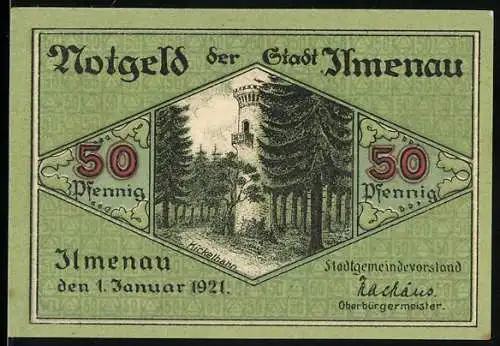 Notgeld Ilmenau 1921, 50 Pfennig, Kickelhahn-Turm und Wappen, Nr. 142515